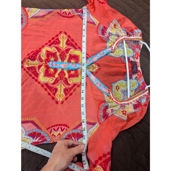 Hale Bob 100% silk and beaded neon mandala style print top w/roll tab sleeve top - Picture 7 of 10